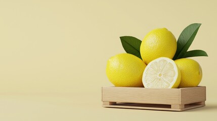 Wall Mural - Fresh and vibrant lemons displayed in a wooden crate against a soft yellow background, perfect for culinary and decor themes.