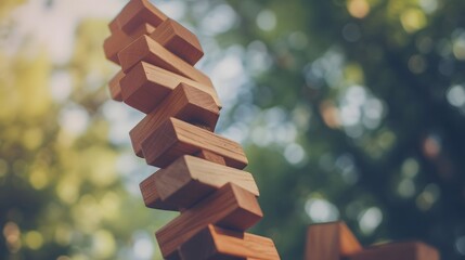 Poster - A tower of blocks balancing precariously with the top block about to topple   AI generated illustration