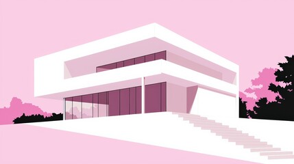 Wall Mural - Modern Architecture Illustration with Pink Background and White House with Stairs