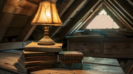 A vintage-themed minimalist attic with a stack of old books and a lit table lamp   AI generated illustration