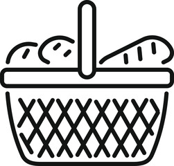 Poster - This simple black and white vector graphic depicts a wicker picnic basket full of food like apples and bread