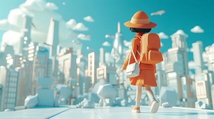 An adorable D model of a tourist walking through a minimalistic cityscape   AI generated illustration