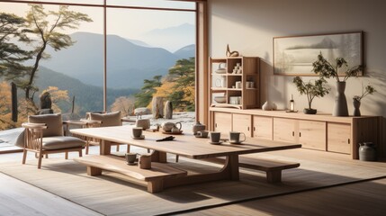 Poster - Modern Japanese minimalist interior design kitchen and living room 