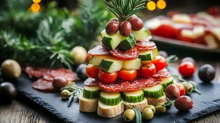 
Christmas tree canapes with cheese, olives, tomatoes and cucumbers. nice design