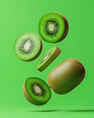 Wall Mural - Fresh kiwi slices in mid-air against a vibrant green background, showcasing their unique texture and color.