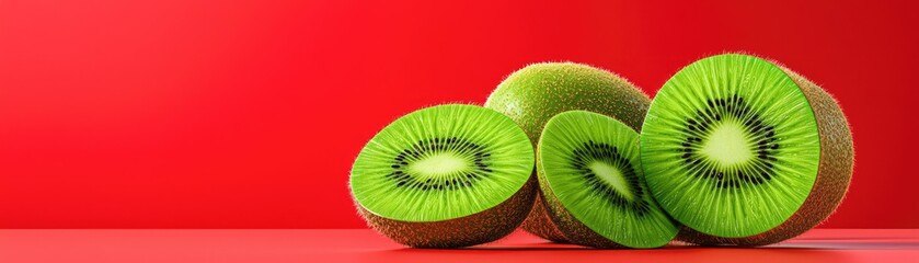 Wall Mural - Fresh kiwi slices on a vibrant red background, showcasing their unique texture and color. Perfect for food and health themes.