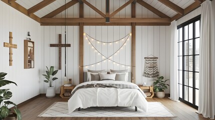 A farmhouse-style modern bedroom with a boho interior design. The room has a wooden beam ceiling, white walls, and a wooden floor. There's a queen-sized bed with a white duvet and a variety of pillows