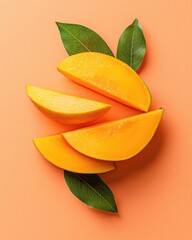 Wall Mural - Fresh mango slices arranged beautifully with green leaves on a vibrant orange background. Perfect for food and health visuals.