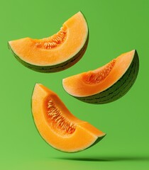 Wall Mural - Fresh melon slices floating against a vibrant green backdrop, showcasing their juicy texture and rich color.