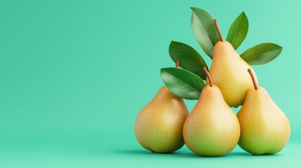 Wall Mural - Fresh pears with green leaves stacked beautifully on a bright green background, perfect for fruit-themed designs or culinary uses.