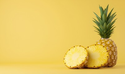 Fresh pineapple and slices on a vibrant yellow background, perfect for tropical or fruit-themed designs.