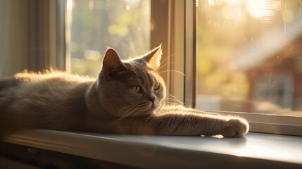 Wall Mural - Cozy British Shorthair cat basking in warm sunlight on a minimalistic windowsill  AI generated illustration