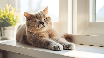 Wall Mural - Cozy British Shorthair cat basking in warm sunlight on a minimalistic windowsill  AI generated illustration