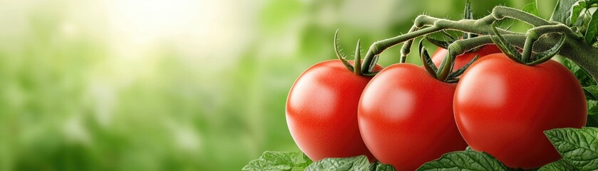 Fresh, ripe tomatoes on a vine, set against a soft, blurred green background, ideal for food and health-related themes.