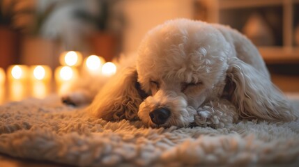 Wall Mural - Cozy scene of a Poodle resting on a soft rug under warm lighting  AI generated illustration