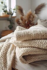 Poster - Cozy space with minimalistic design and warm knitting materials  AI generated illustration