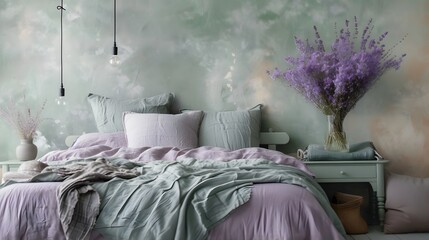 Wall Mural - Delicate lavender and misty green shades creating a peaceful environment  AI generated illustration