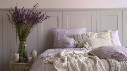 Poster - Delicate lavender and misty green shades creating a peaceful environment  AI generated illustration
