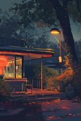 Poster - Digital painting of a simplistic cozy diner on a warm afternoon  AI generated illustration