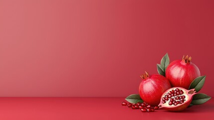 Wall Mural - Vibrant pomegranate arrangement on red background, showcasing the fruit's juicy seeds and lush leaves, perfect for health and food concepts.