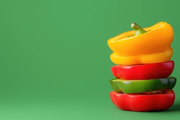 Wall Mural - Vibrant stack of bell peppers in green, yellow, red, and orange colors against a bright green background.