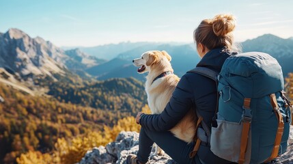 female mountain shooter Backpack travel woman with dog in towering mountain peak nature mountains trip