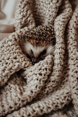 Wall Mural - Hedgehog nestled in a soft warm blanket in a minimalist setting  AI generated illustration