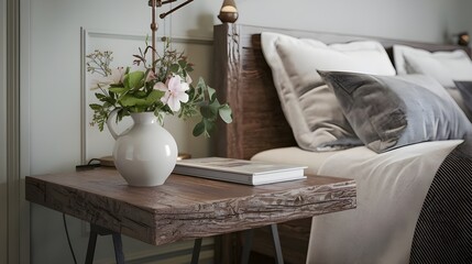 Wall Mural - A rustic bedside table in a Scandinavian interior design. There's a white vase with fresh flowers on the table. The table is placed near a bed with white pillows and a grey blanket.