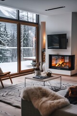 Wall Mural - Hygge-inspired minimalistic living room with a built-in fireplace  AI generated illustration