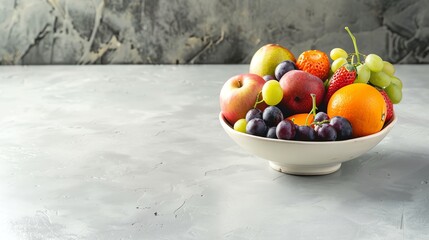 Wall Mural - A bowl of fruit on a gray background.