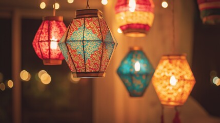 Colorful lanterns hanging in a living room, illuminating the festive atmosphere of Diwali celebrations with soft ambient lighting