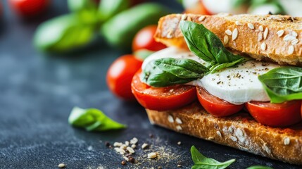 Wall Mural - A visually appealing sandwich with fresh basil leaves, juicy tomatoes, and slices of cheese placed between two pieces of seeded bread, perfect for a healthy meal.