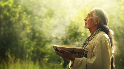 Wall Mural - Serene Natural Setting with Native American Elder Leading Spiritual Ceremony