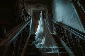 ghost of a bride on a mansion staircase, horror vibes for Halloween