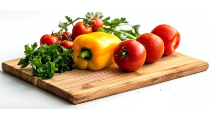 A wooden cutting board with fresh produce.