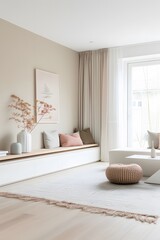 Wall Mural - Minimalist living room filled with warm pastel elements  AI generated illustration