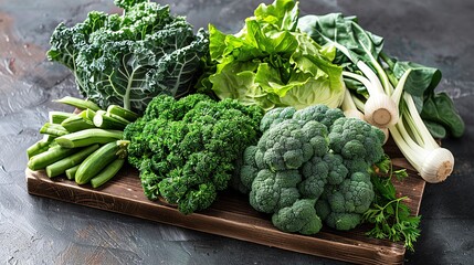 Wall Mural - A variety of leafy green vegetables on a wooden cutting board.