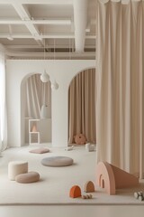 Wall Mural - Minimalist playroom for children designed with warm pastel tones  AI generated illustration