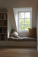 Wall Mural - Minimalist room featuring a warm book nook  AI generated illustration