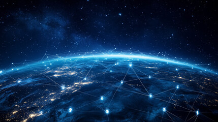 A futuristic image of the Earth with lines and dots connecting to each other. This represents the way technology connects us globally.