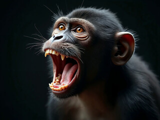 Wall Mural - close up portrait of roaring chimp, studio light , natural black plain background