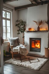 Wall Mural - Minimalistic room with a cozy fireplace and a comfortable chair  AI generated illustration