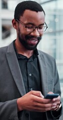 Canvas Print - Black man, walking and smartphone for communication, networking or text message with email app. Business person, mobile and typing for social media, research and chat with corporate contact or client