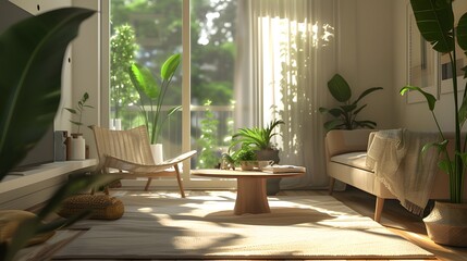 Wall Mural - Natural wood and green plants in a minimalist warm living room  AI generated illustration