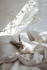 Wall Mural - Pet bunny resting in a soft bed in a minimalist setting  AI generated illustration