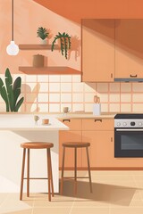 Wall Mural - Simple and warm kitchen illustration with minimalistic design elements  AI generated illustration