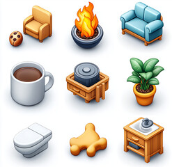 Wall Mural - A set of icons for an app about home and pet care, coffee cup on the left side, dog bone in middle bottom position, furniture at top right corner, toilet bowl under chair at upper center, house plant 