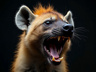 Wall Mural - close up portrait of roaring hyena, studio light , natural black plain background