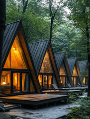 Sticker - A row of A-frame wooden houses with glass windows and metal roofs, surrounded by trees in the forest. The design is unique, featuring triangular roofs made from black sheeting material, creating an in