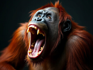 Wall Mural - close up portrait of roaring orangutan, studio light , natural black plain background